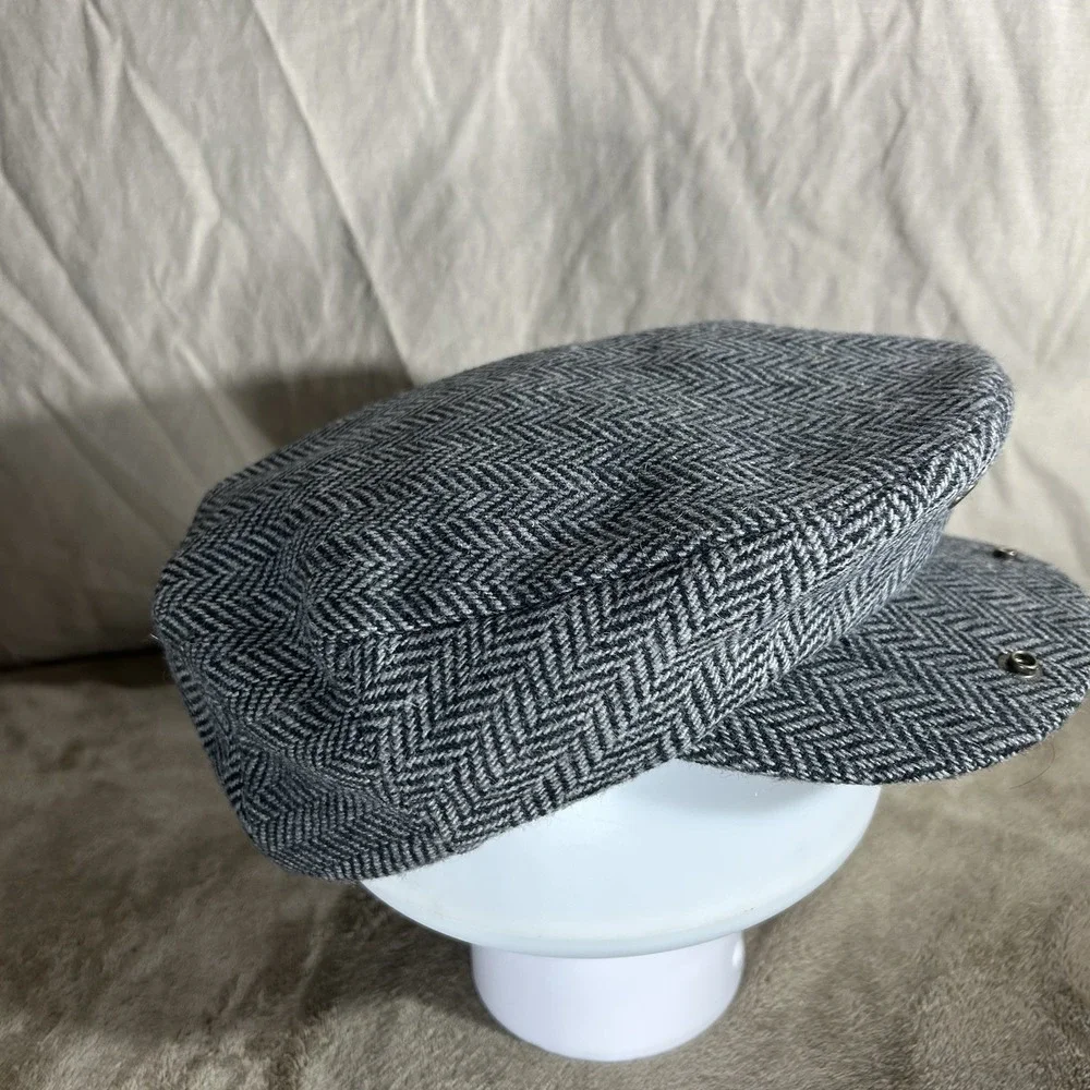 Men's Classic Grey Herringbone Flat Cap - Wool Blend Newsboy Hat - Size M